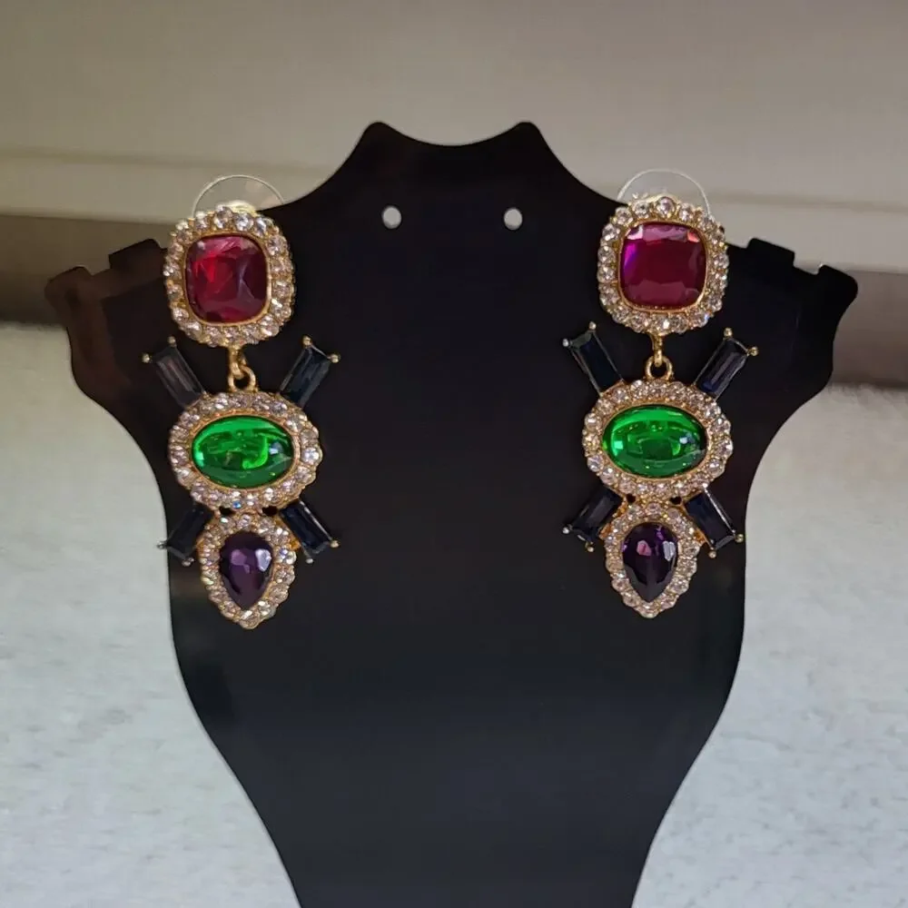 Multi-Color Jeweled Gem Statement Dangle Earrings – Gold Tone Rhinestone Drops
